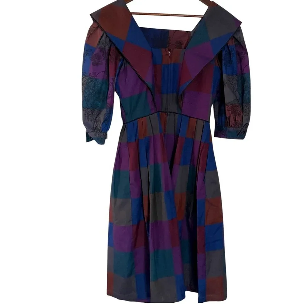 Vintage 80s Plaza South Sailor Midi Dress Medium M Patchwork Plaid Puff Sleeves - Picture 3 of 4